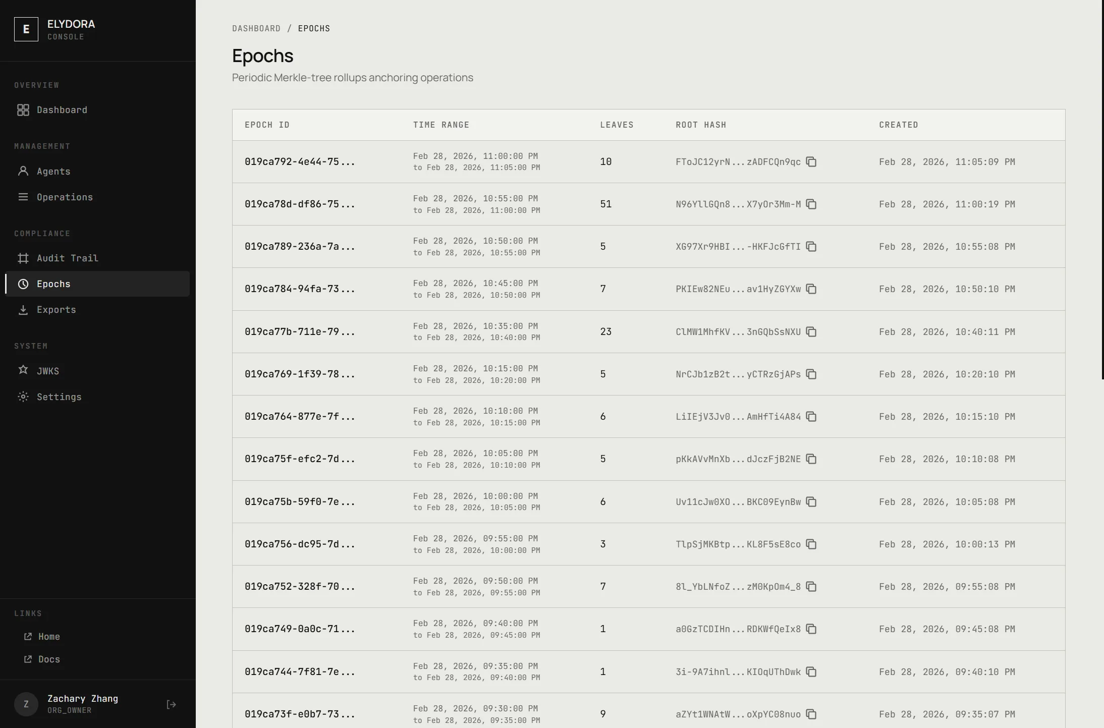 Epoch list with Merkle roots