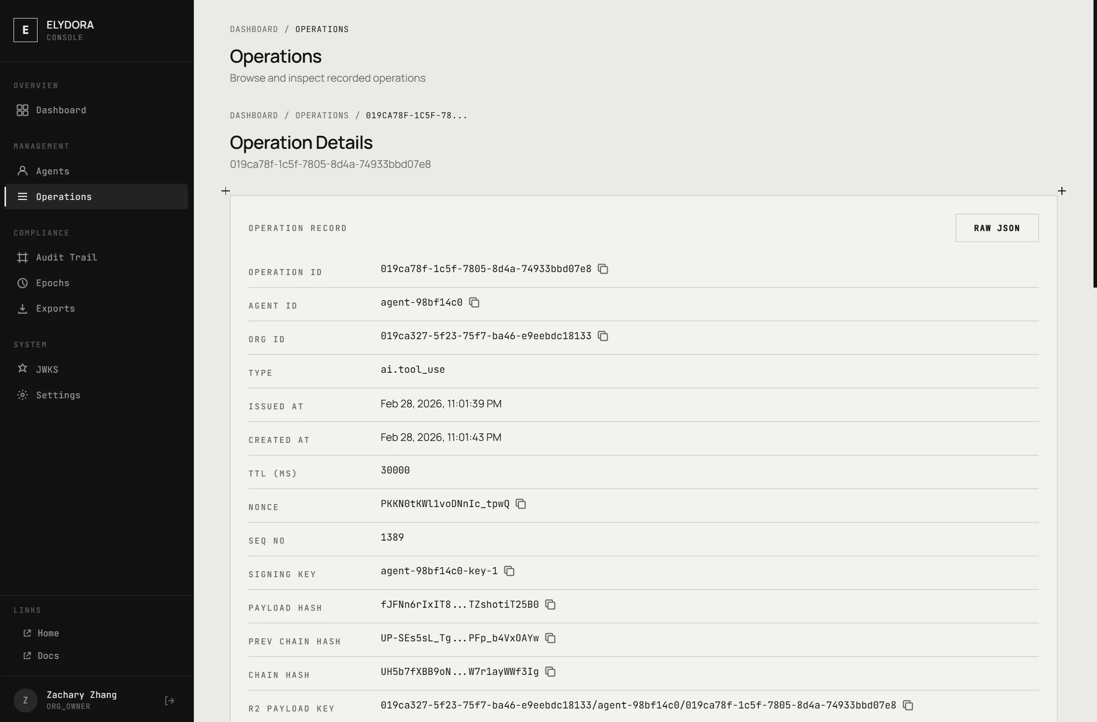 Operation record metadata